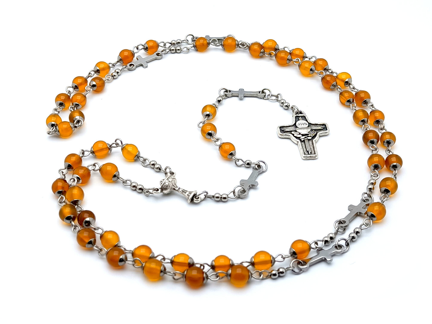 Holy Communion unique rosary beads with orange agate gemstone beads, Holy Eucharist crucifx and chalice centre medal.