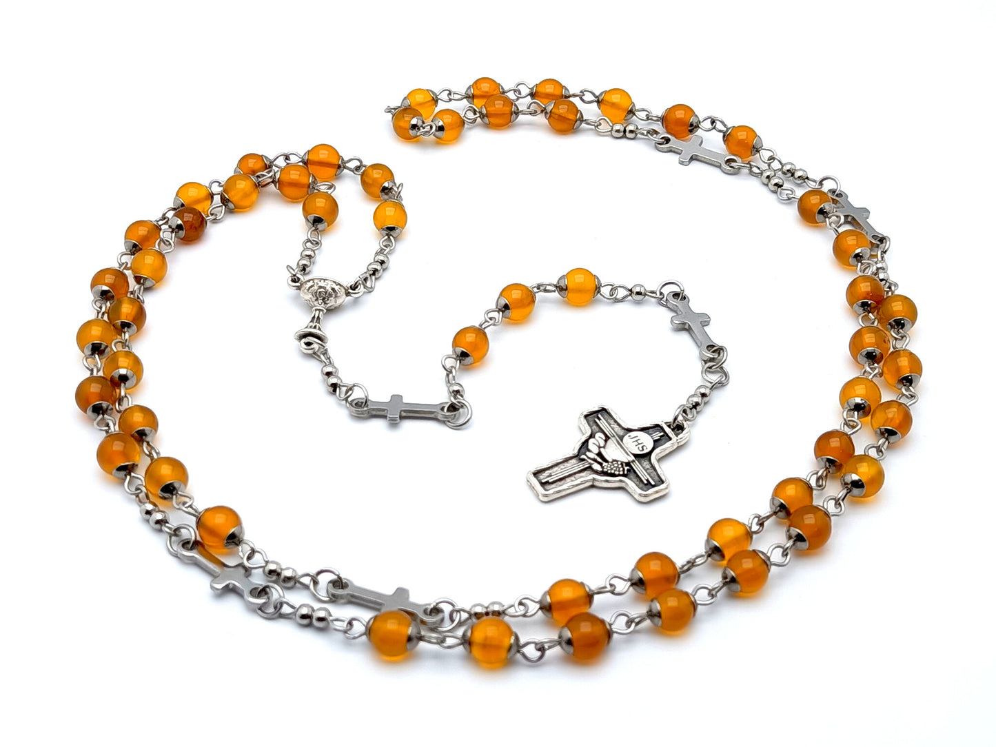 Holy Communion unique rosary beads with orange agate gemstone beads, Holy Eucharist crucifx and chalice centre medal.