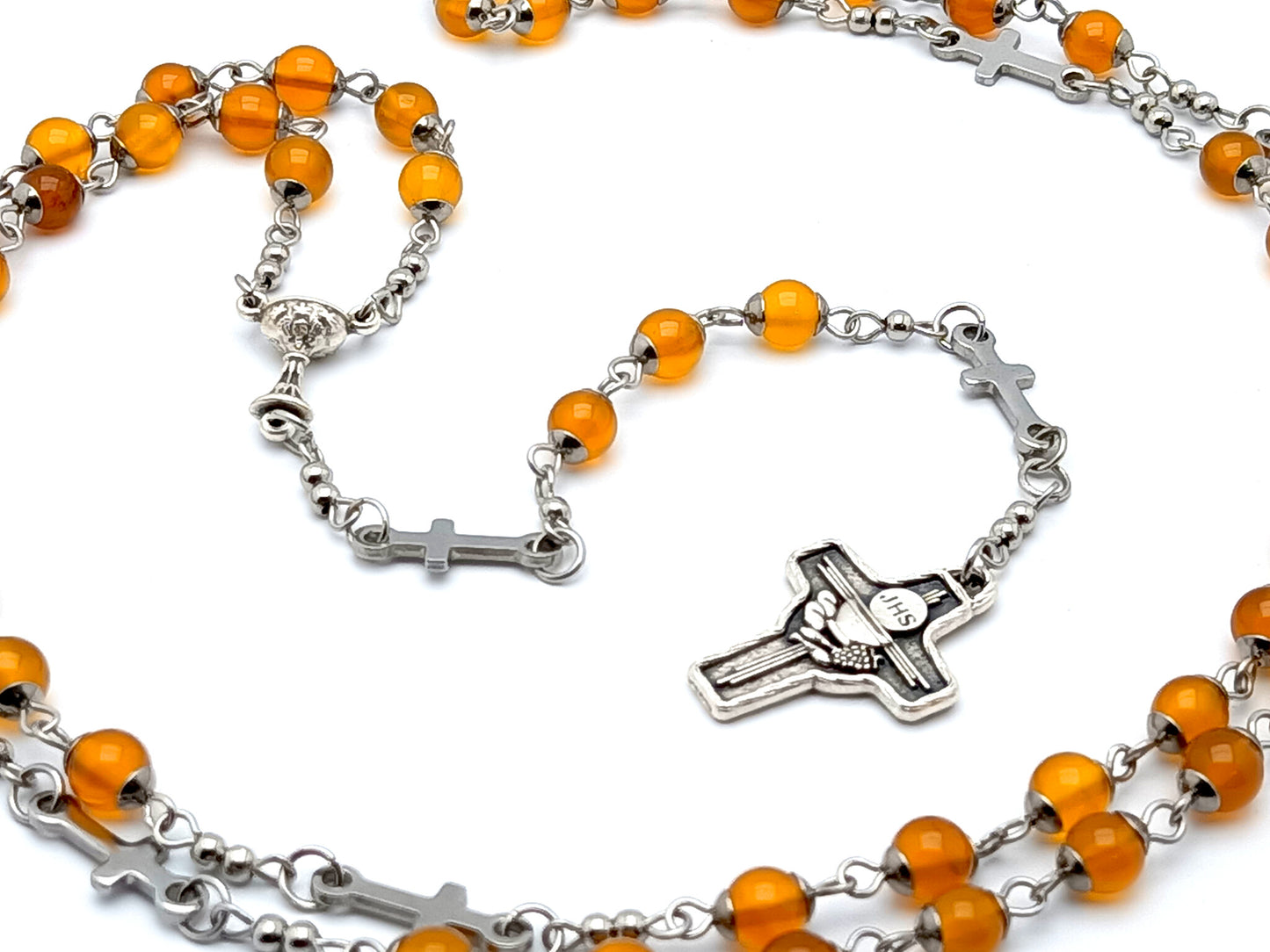 Holy Communion unique rosary beads with orange agate gemstone beads, Holy Eucharist crucifx and chalice centre medal.