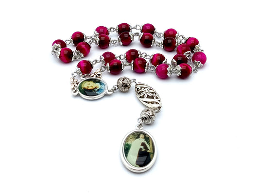 Saint Therese of Lisieux unique rosary beads prayer chaplet with pink tigers eye gemstone and silver beads, picture end and centre medals.