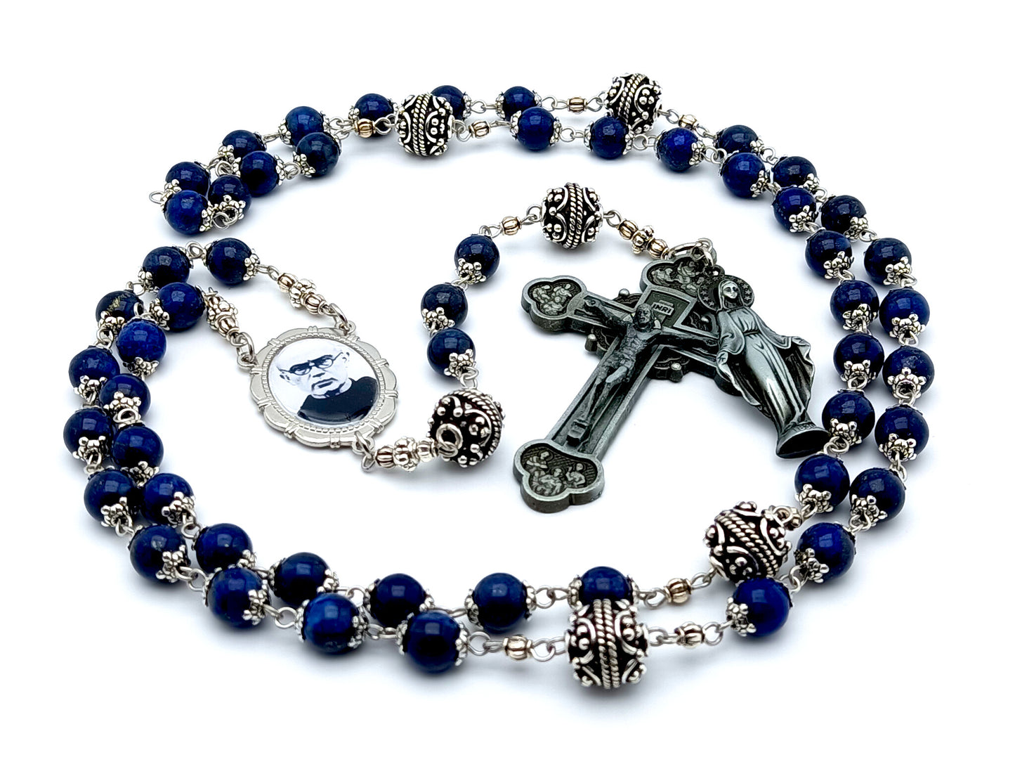 St Maximilian Kolbe lapis lazuli gemstone rosary beads.