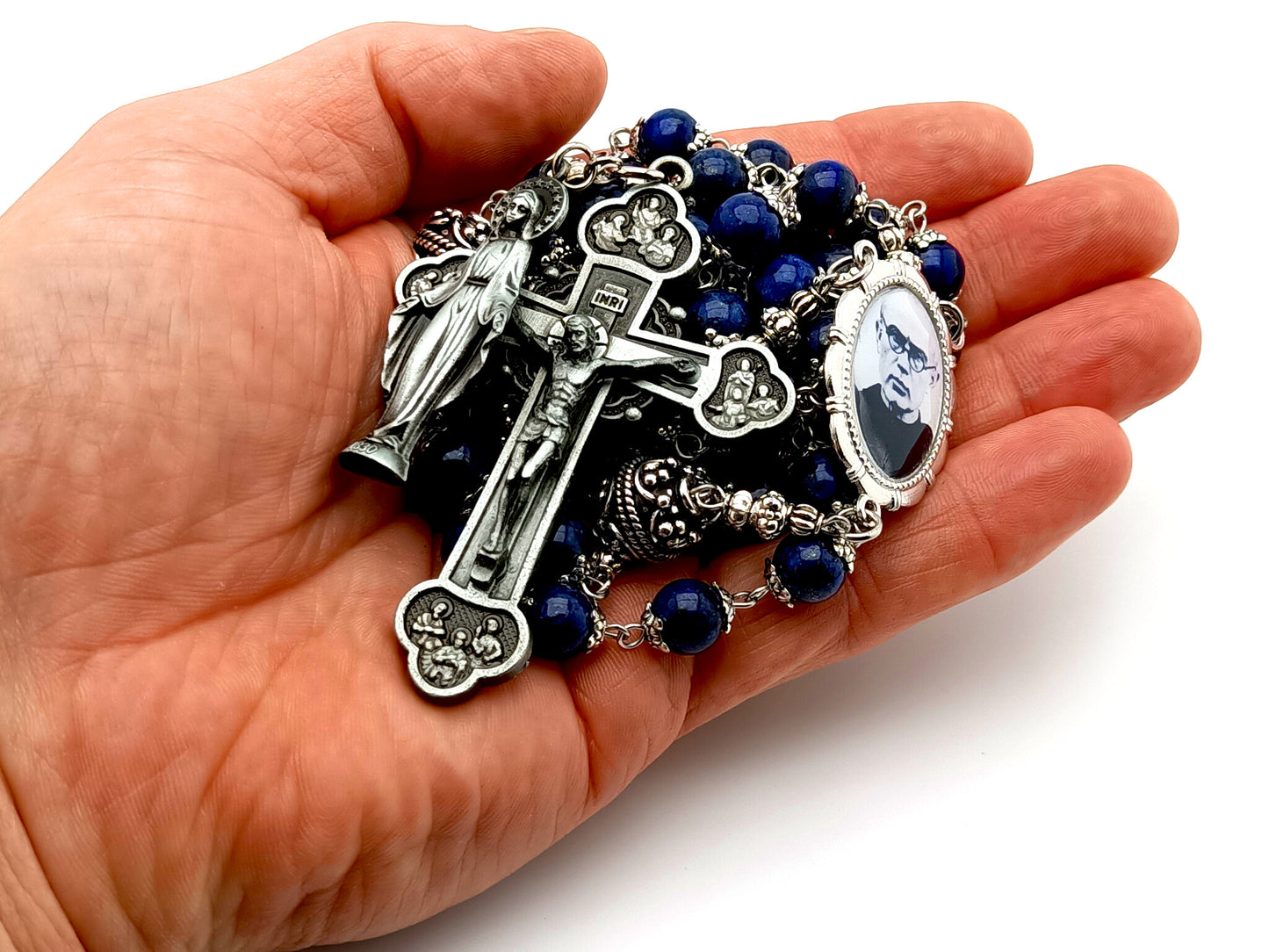 St Maximilian Kolbe lapis lazuli gemstone rosary beads.