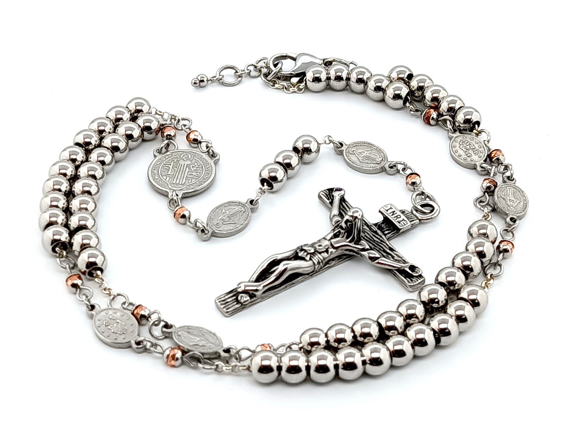 Saint Benedict unique rosary beads with genuine 925 sterling silver chain, stainless steel beads, medals and crucifix.