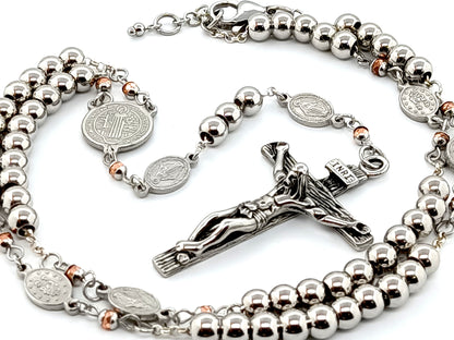 Saint Benedict unique rosary beads with genuine 925 sterling silver chain, stainless steel beads, medals and crucifix.