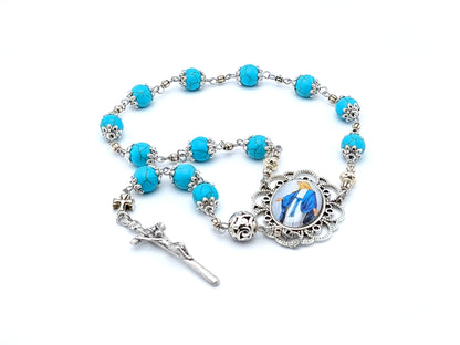 Our Lady of Grace unique rosary beads single decade rosary with turquoise gemstone and silver beads.