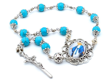 Our Lady of Grace unique rosary beads single decade rosary with turquoise gemstone and silver beads.