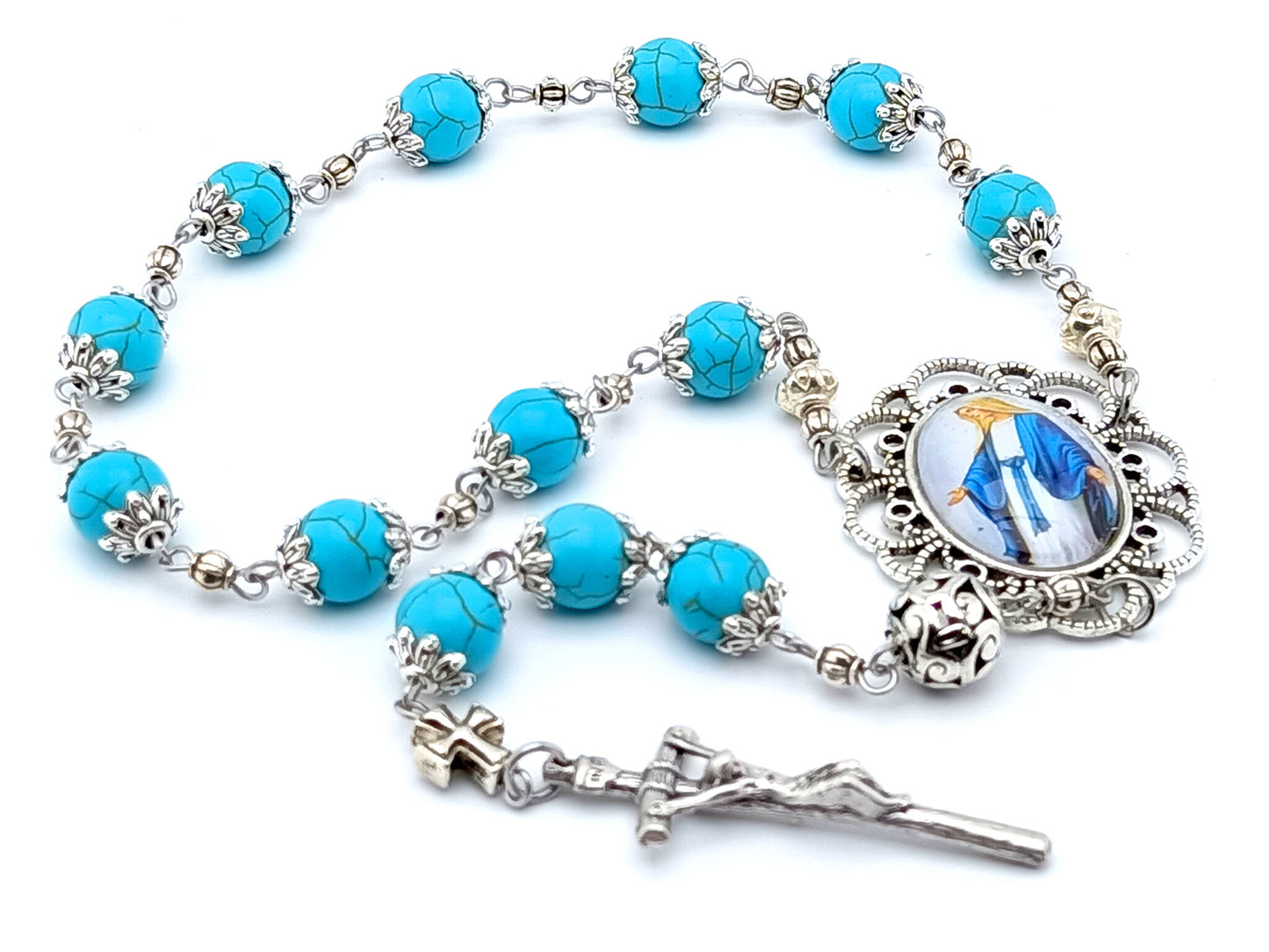 Our Lady of Grace unique rosary beads single decade rosary with turquoise gemstone and silver beads.