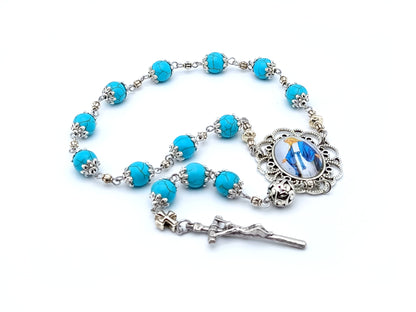 Our Lady of Grace unique rosary beads single decade rosary with turquoise gemstone and silver beads.