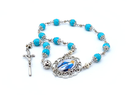 Our Lady of Grace unique rosary beads single decade rosary with turquoise gemstone and silver beads.