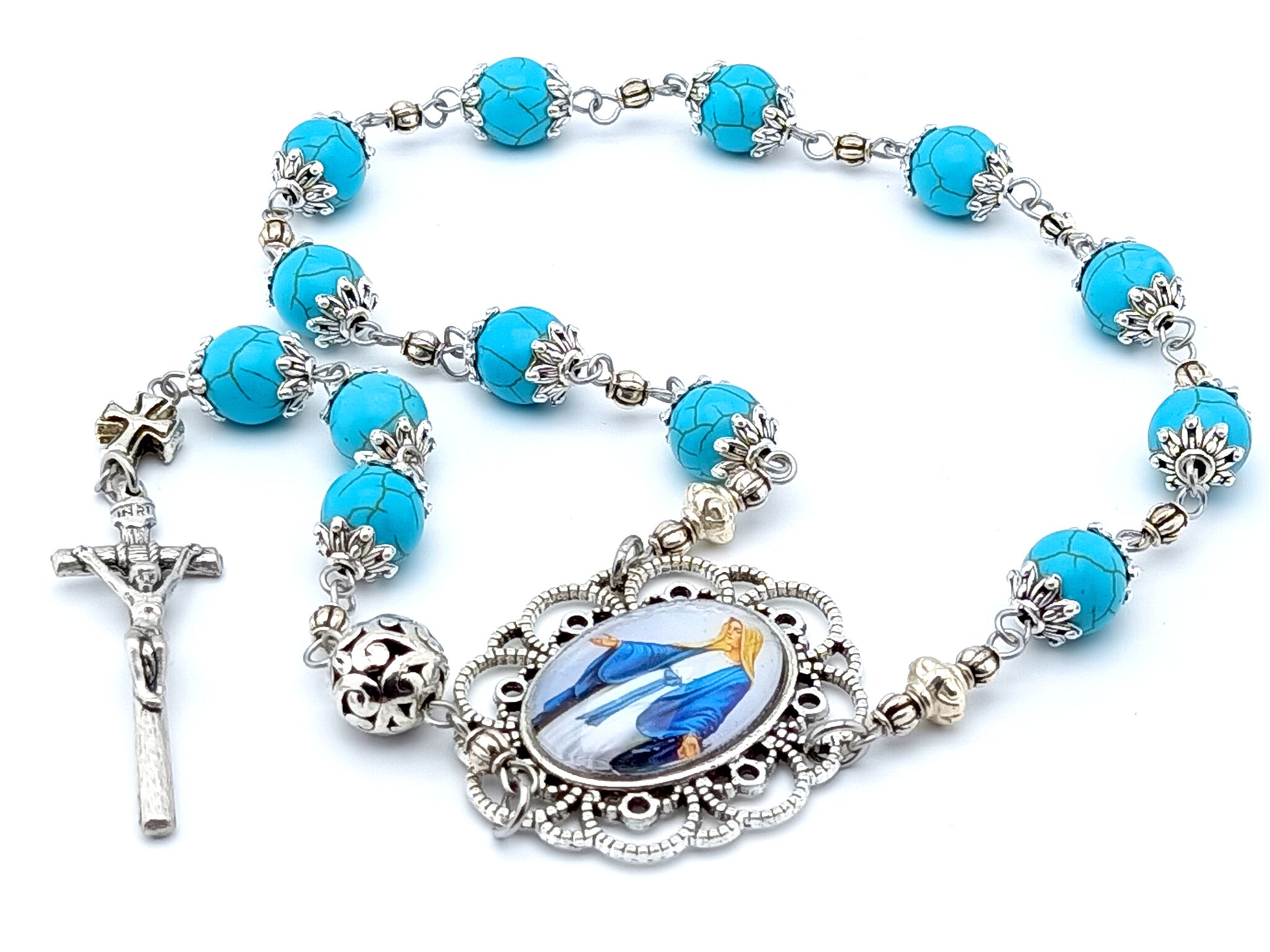 Our Lady of Grace unique rosary beads single decade rosary with turquoise gemstone and silver beads.