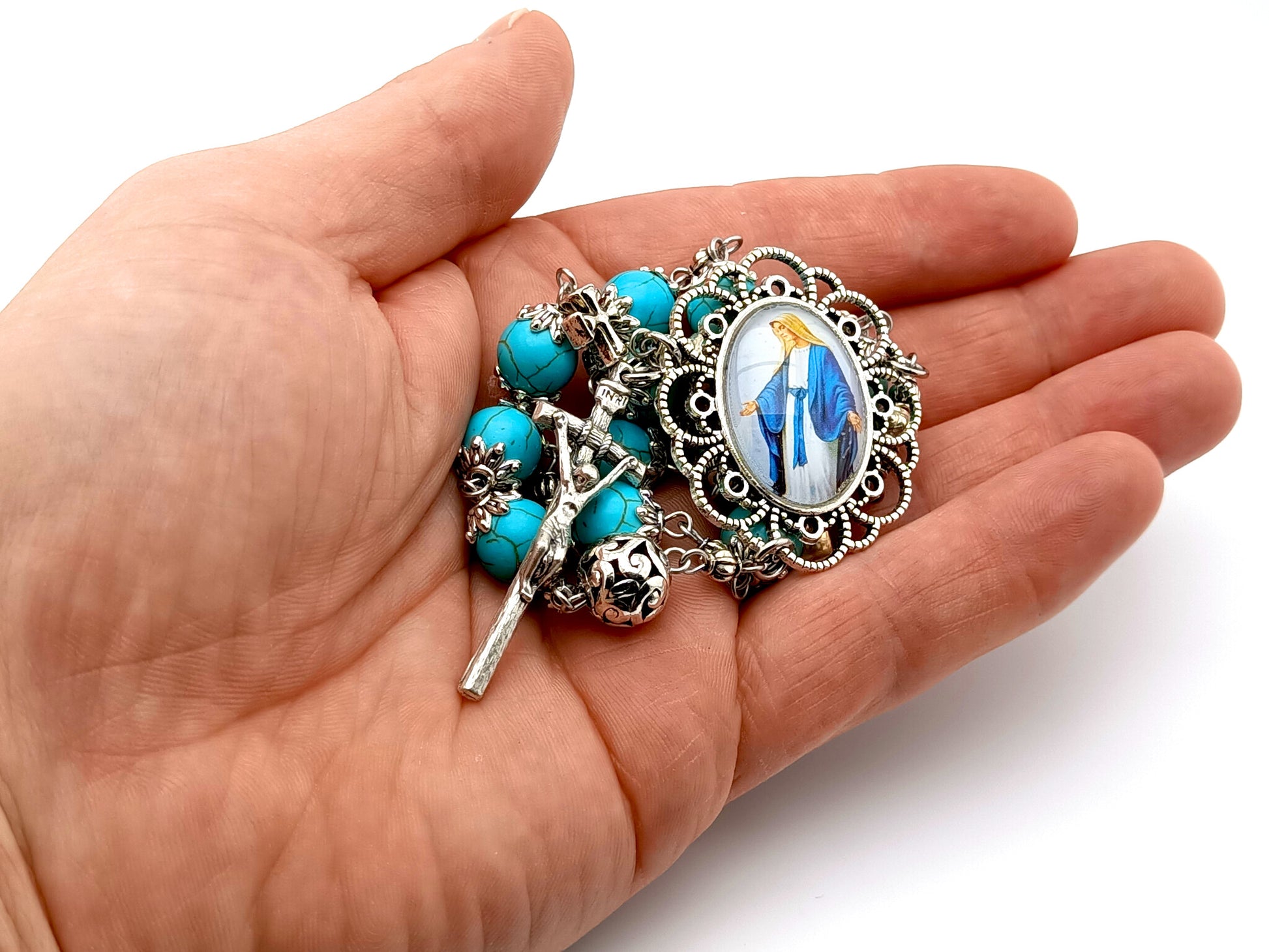 Our Lady of Grace unique rosary beads single decade rosary with turquoise gemstone and silver beads.