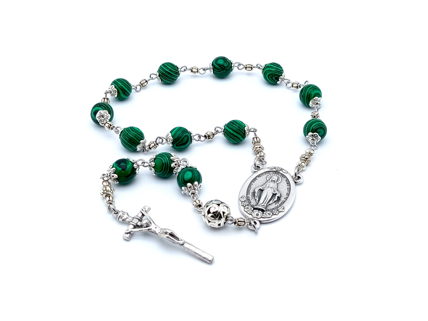 Miraculous Medal single decade rosary in malachite gemstone and silver.