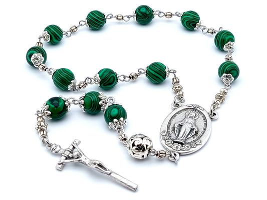 Miraculous Medal single decade rosary in malachite gemstone and silver.