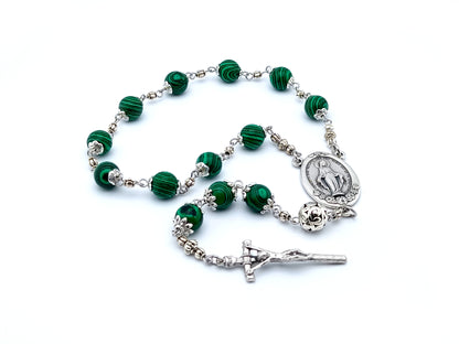 Miraculous Medal single decade rosary in malachite gemstone and silver.