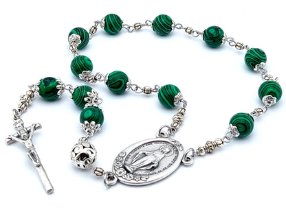 Miraculous Medal single decade rosary in malachite gemstone and silver.