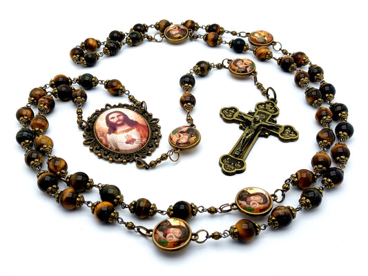 Sacred Heart unique rosary beads with tigers eye gemstone beads and Our Lady of Perpetual Help picture pater beads, bronze twelve apostles crucifix and picture centre medal.
