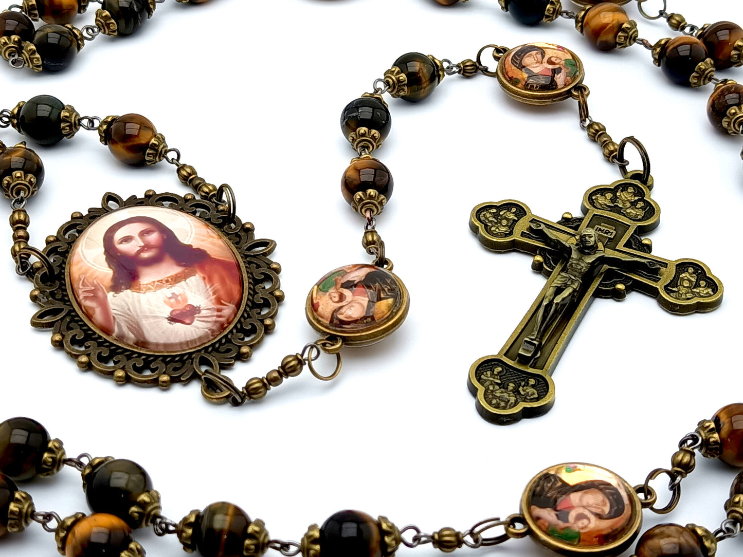 Sacred Heart unique rosary beads with tigers eye gemstone beads and Our Lady of Perpetual Help picture pater beads, bronze twelve apostles crucifix and picture centre medal.