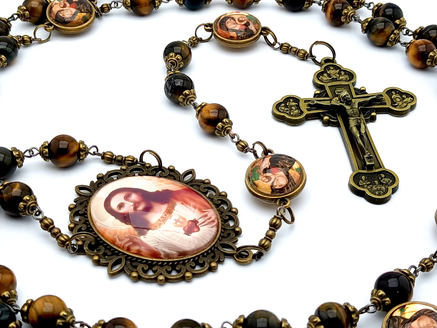 Sacred Heart unique rosary beads with tigers eye gemstone beads and Our Lady of Perpetual Help picture pater beads, bronze twelve apostles crucifix and picture centre medal.