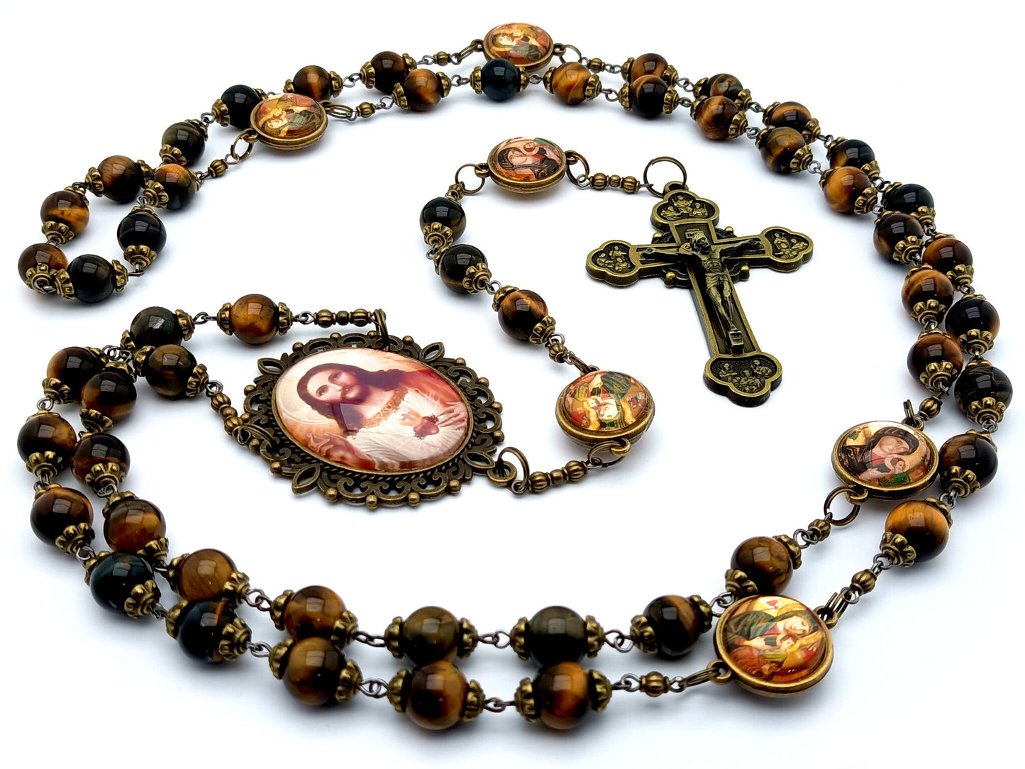 Sacred Heart unique rosary beads with tigers eye gemstone beads and Our Lady of Perpetual Help picture pater beads, bronze twelve apostles crucifix and picture centre medal.