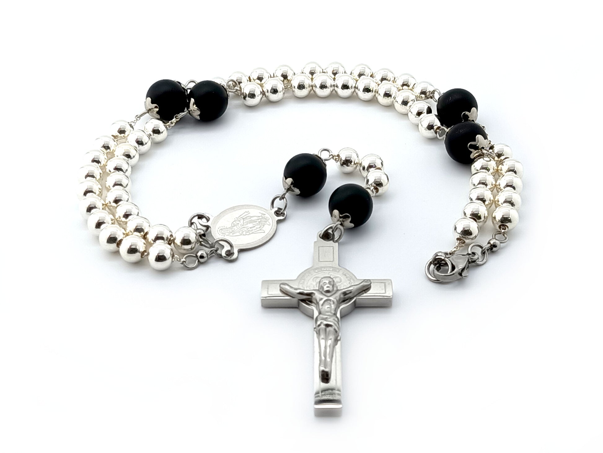 Our Lady of Grace unique rosary beads 925 sterling silver rosary necklace with matt onyx and 925 silver beads stainless steel Saint Benedict crucifix, etched medal and lobster clasp.