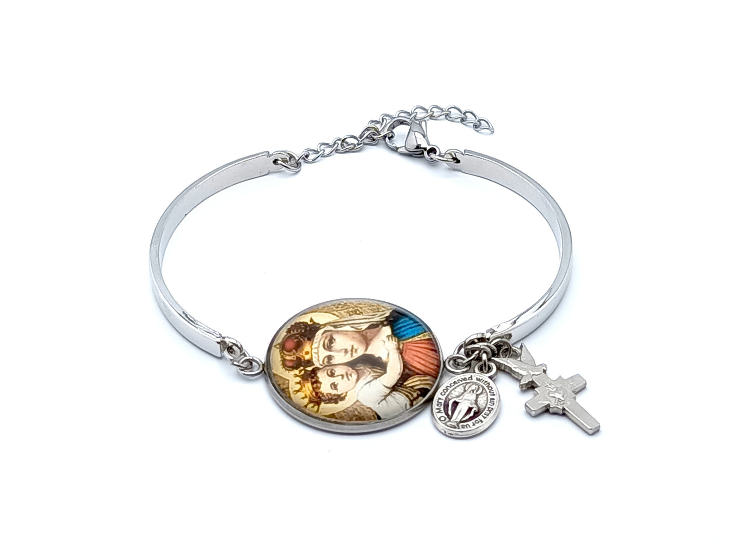 Our Lady Helper of Christians unique rosary beads bracelet with stainless steel bangle, clasp and picture medal.