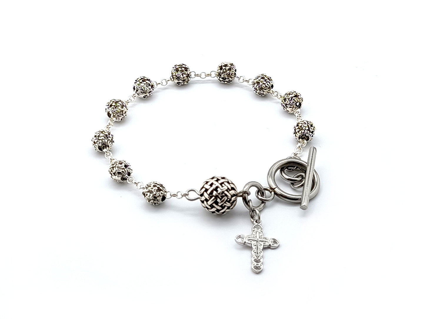 Sterling silver unique rosary beads single decade rosary bracelet with 925 sterling silver lattice beads, chain and cross.