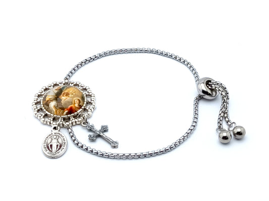 The Annunciation of the Blessed Virgin Mary unique rosary beads single decade rosary bracelet with large picture centre medal, small crucifix and miraculous medal.