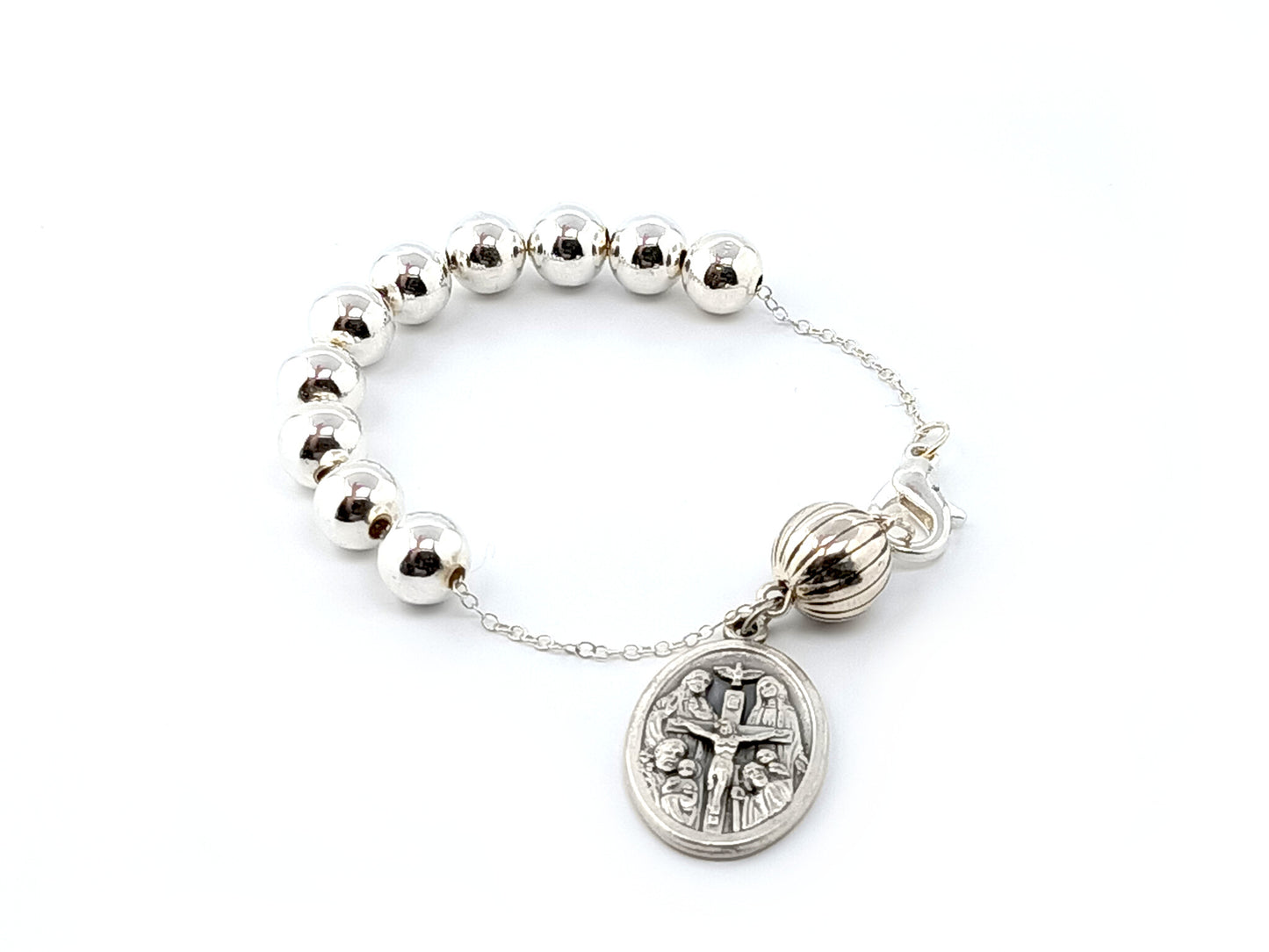 Unique rosary beads genuine 925 sterling silver single decade rosary bracelet with 'I am a catholic' medal, 925 silver beads and Holy Trinity and Saint Joseph medal.