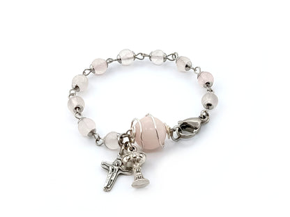 First Holy Communion unique rosary beads single decade rosary bracelet with rose quartz gemstone beads, silver chalice and sorrowful mother crucifix.