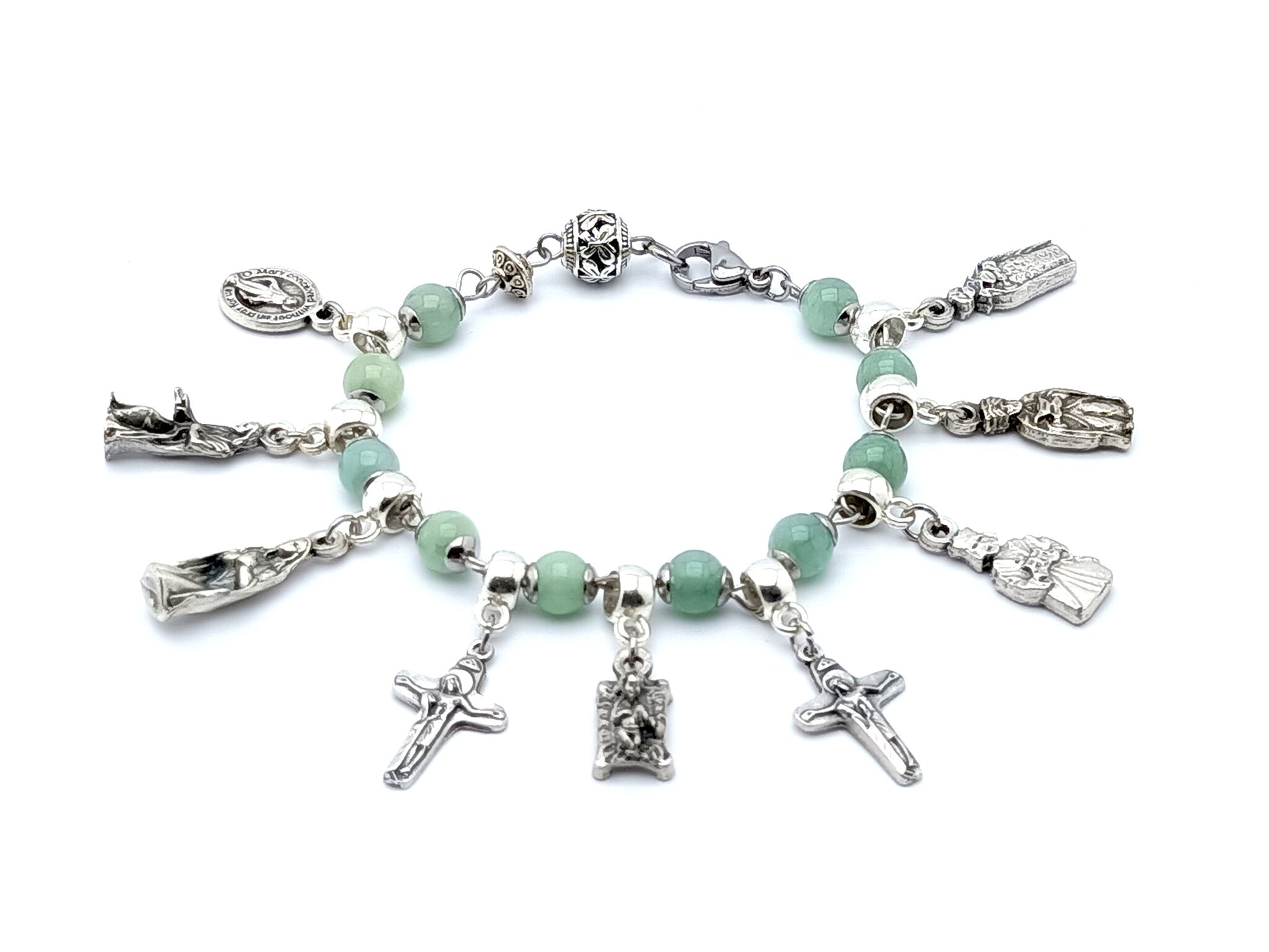 The Nativity unique rosary beads single decade bracelet with jade gemstone beads, three kings, Saint Joseph and the Virgin Mary pendant medals.