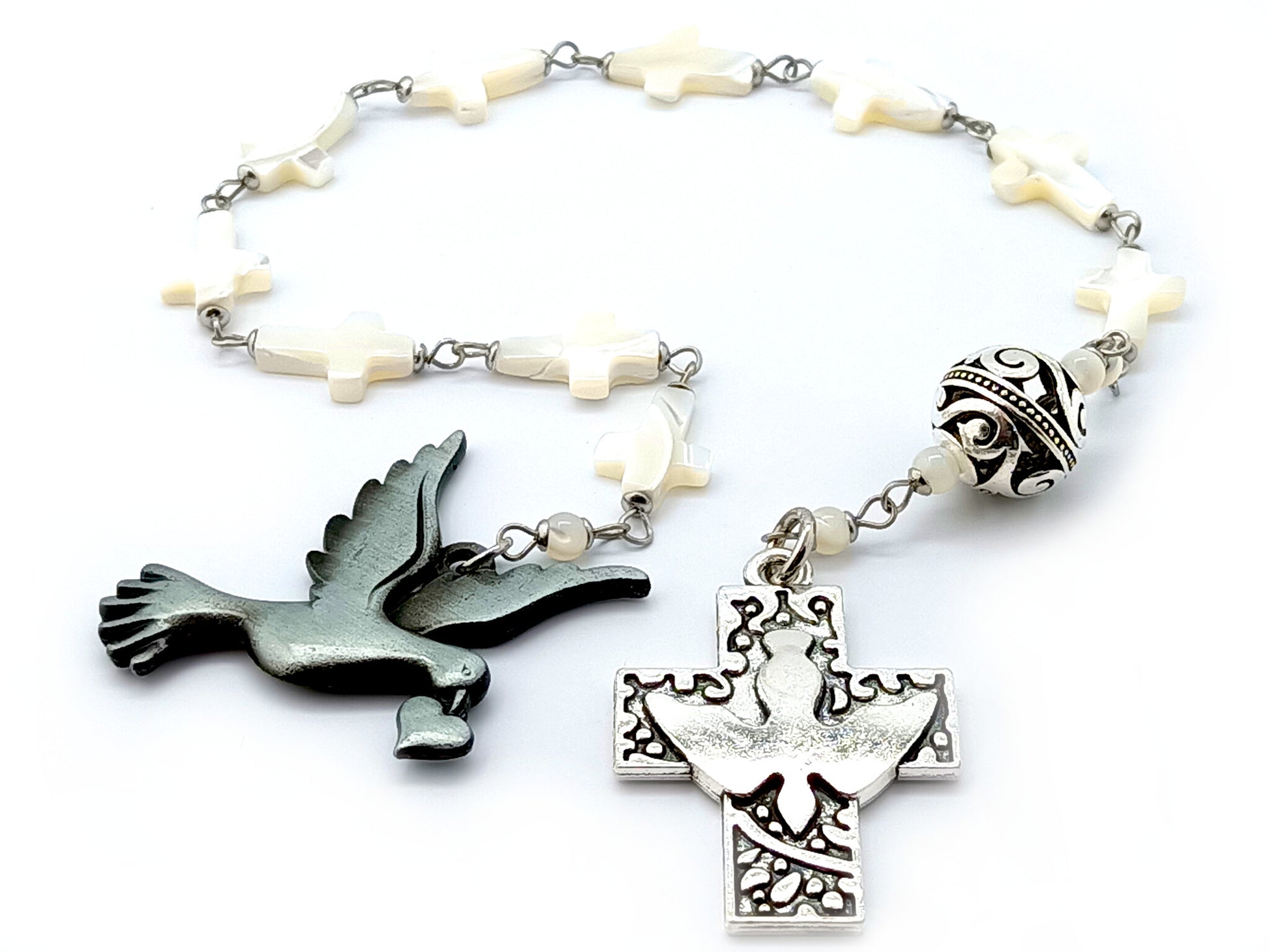 Holy Spirit unique rosary beads single decade with mother of pearl cross beads, silver Pater bead, dove cross and dove medal.
