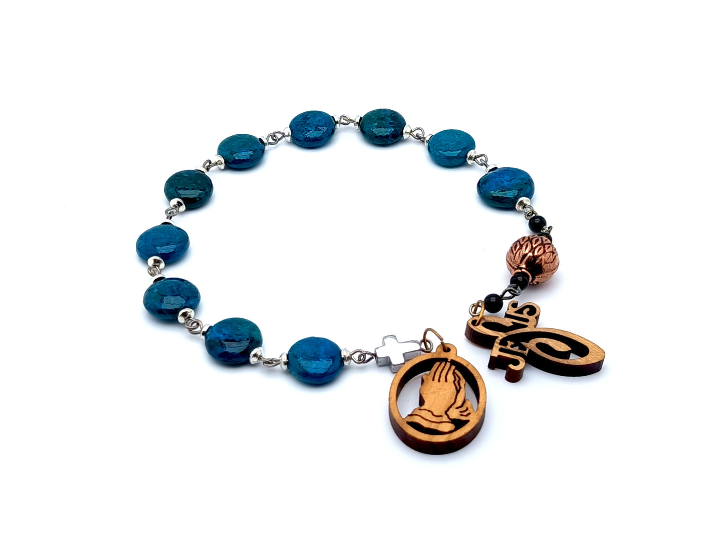 Praying Hands in olive wood and chrysocolla gemstone single decade tenner rosary beads, pocket rosaries.