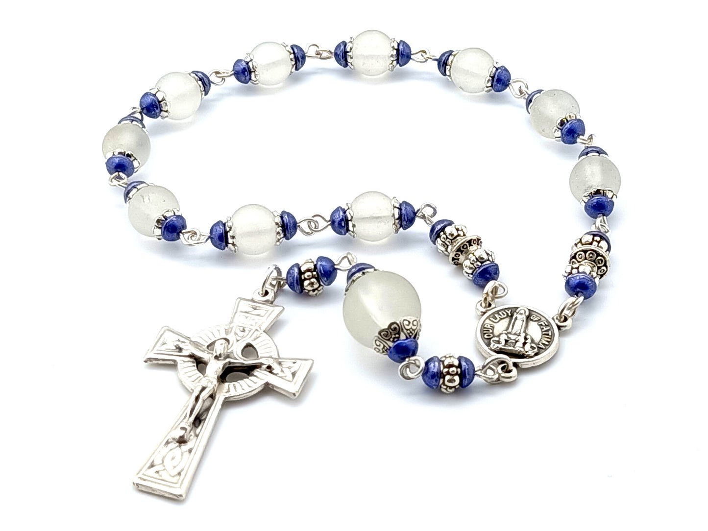 Our Lady of Fatima Relic medal single decade tenner rosary, Celtic crucifix, Fatima pocket rosary beads.