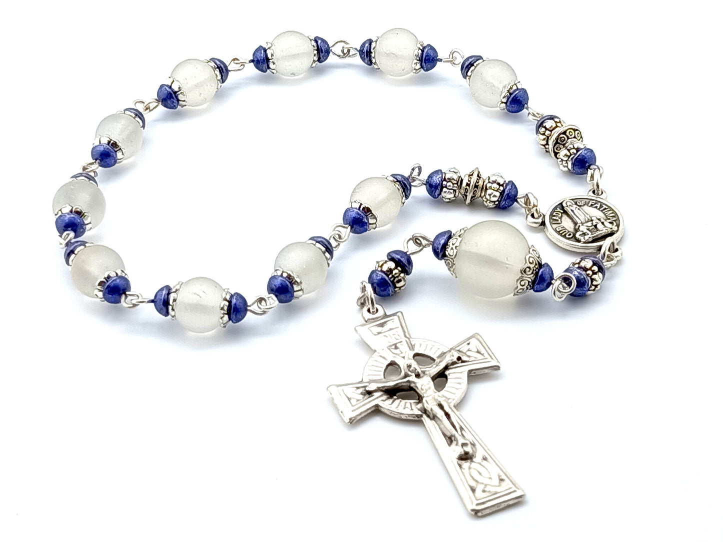 Our Lady of Fatima Relic medal single decade tenner rosary, Celtic crucifix, Fatima pocket rosary beads.