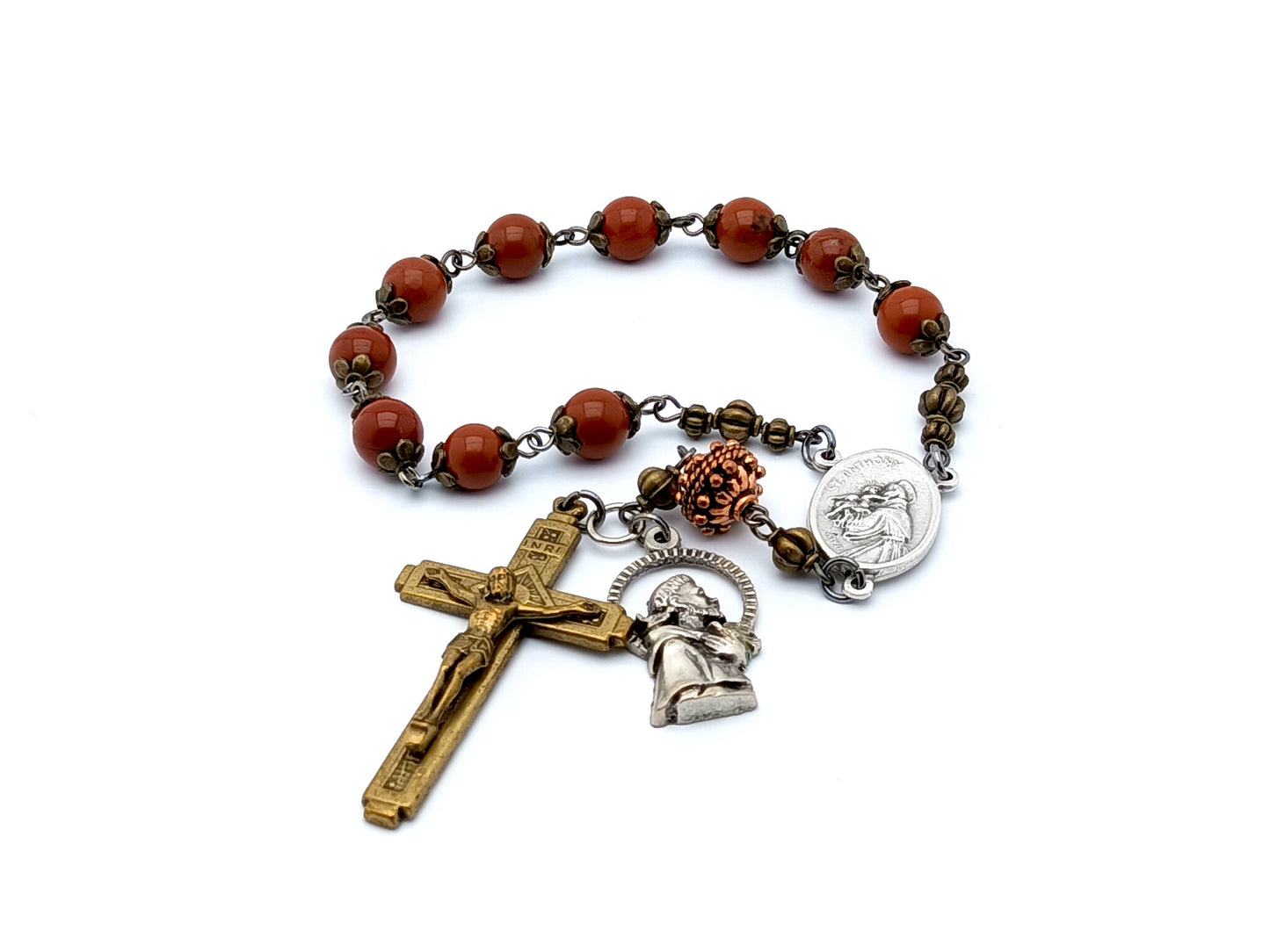 Saint Francis vintage style single decade jasper gemstone rosary beads with relic medal.