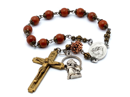 Saint Francis vintage style single decade jasper gemstone rosary beads with relic medal.