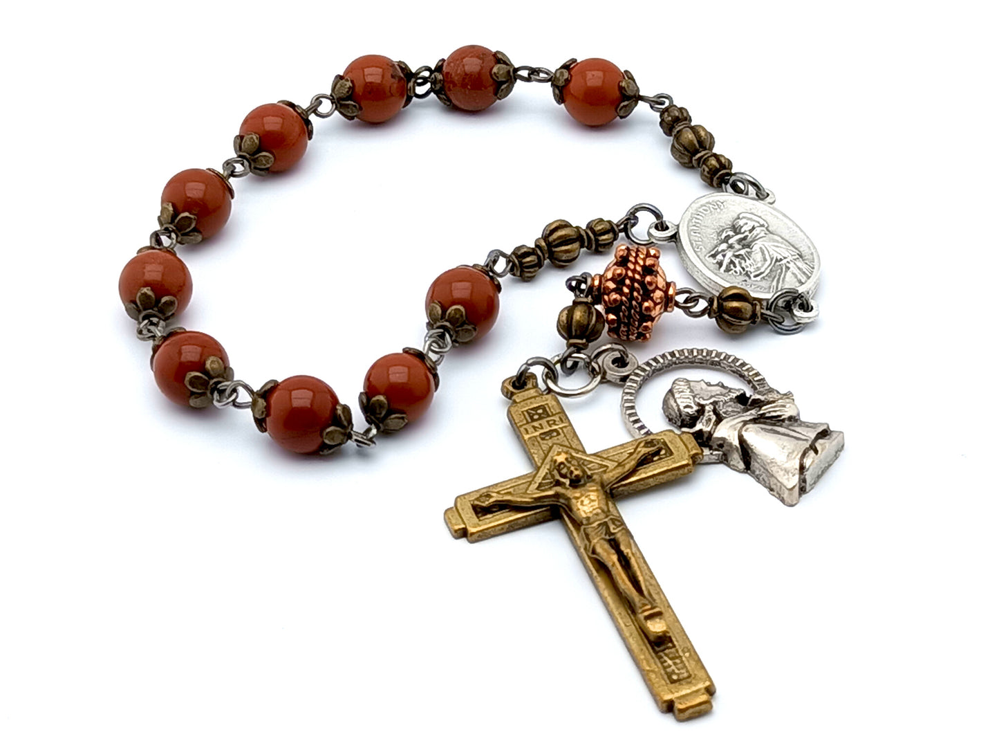 Saint Francis vintage style single decade jasper gemstone rosary beads with relic medal.