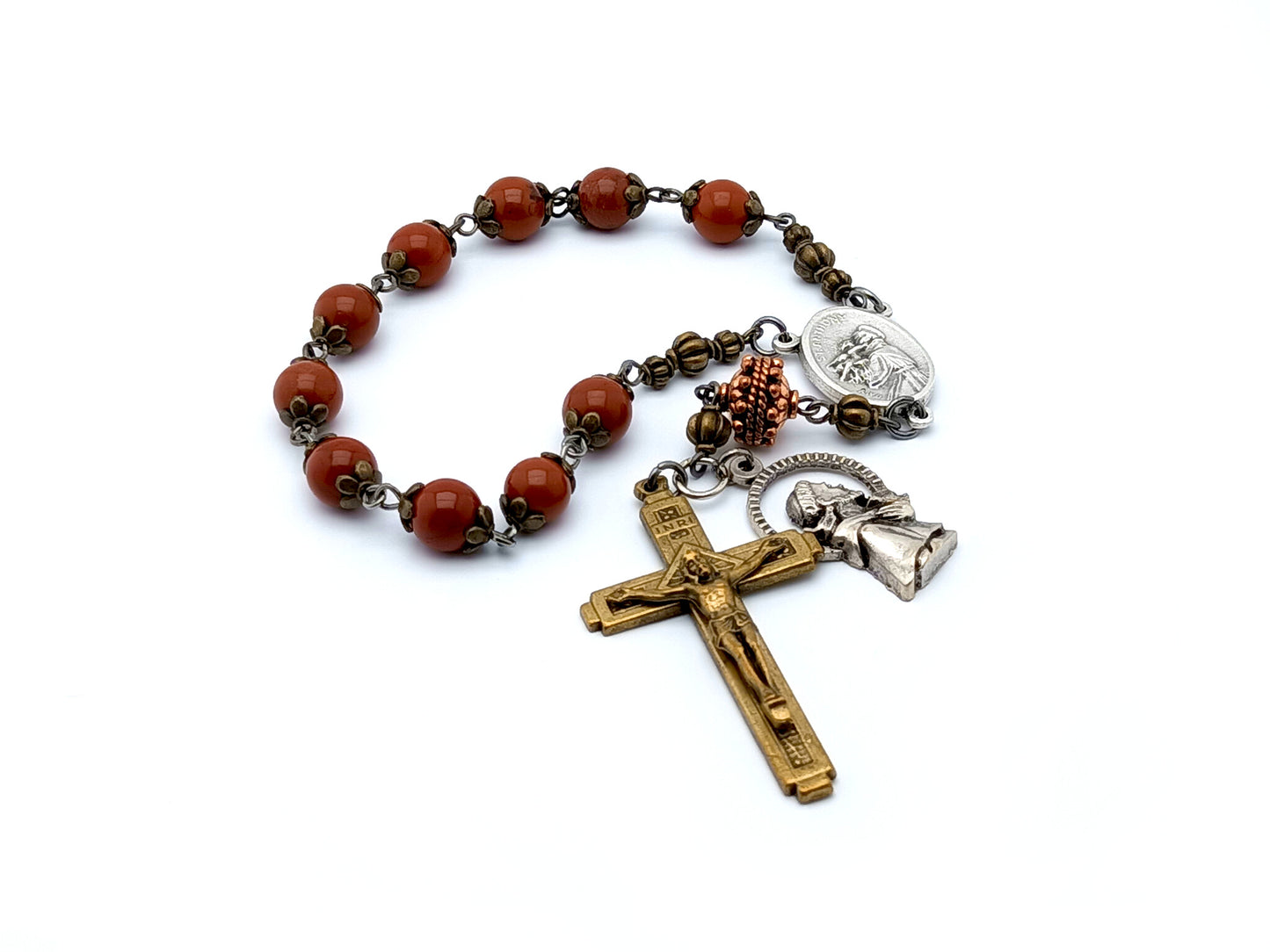 Saint Francis vintage style single decade jasper gemstone rosary beads with relic medal.