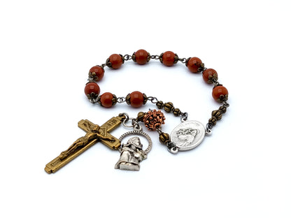 Saint Francis vintage style single decade jasper gemstone rosary beads with relic medal.