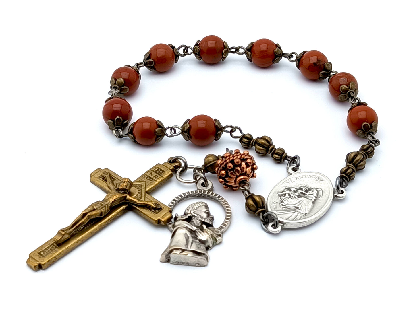 Saint Francis vintage style single decade jasper gemstone rosary beads with relic medal.
