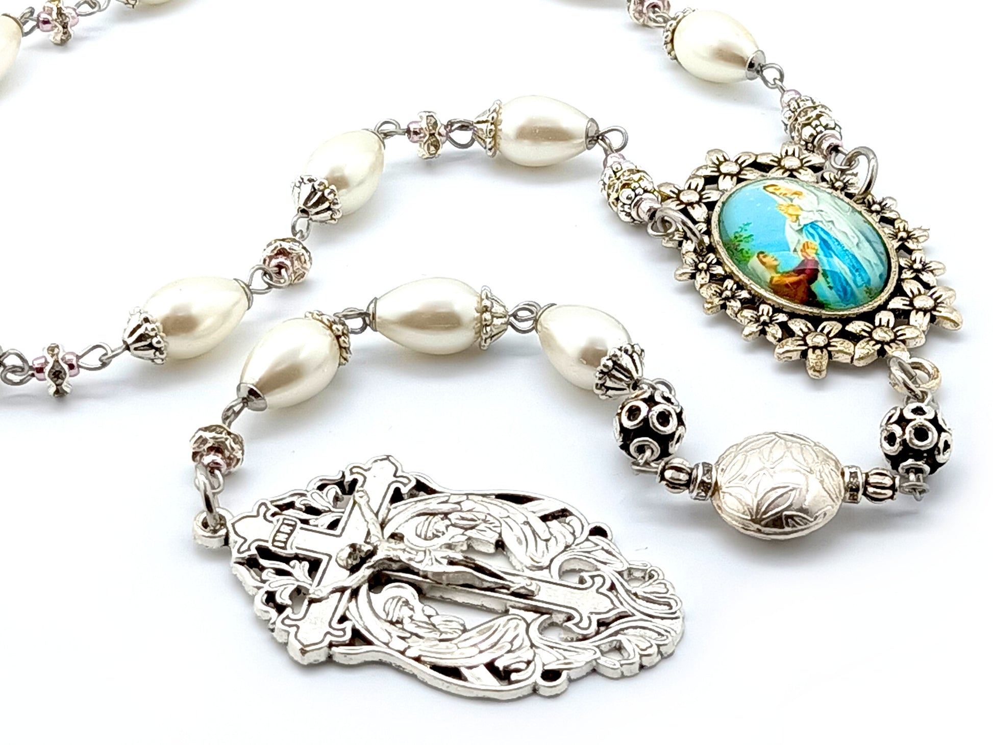 Saint Bernadette unique rosary beads single decade rosary with peral and silver beads, silver crucifix and picture centre medal.