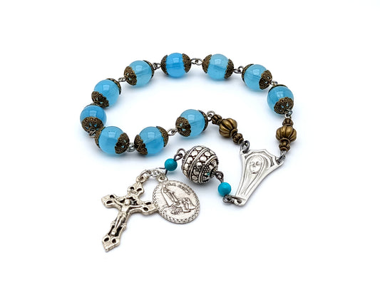 Vintage style Our Lady of Fatima blue single decade rosary beads with Fatima medal.