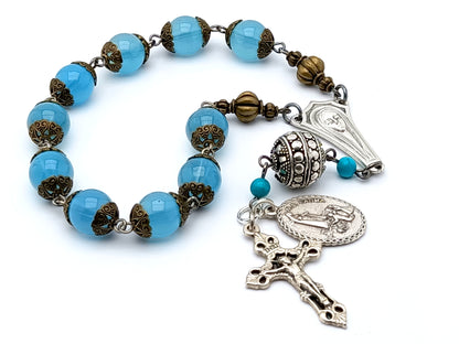 Vintage style Our Lady of Fatima blue single decade rosary beads with Fatima medal.