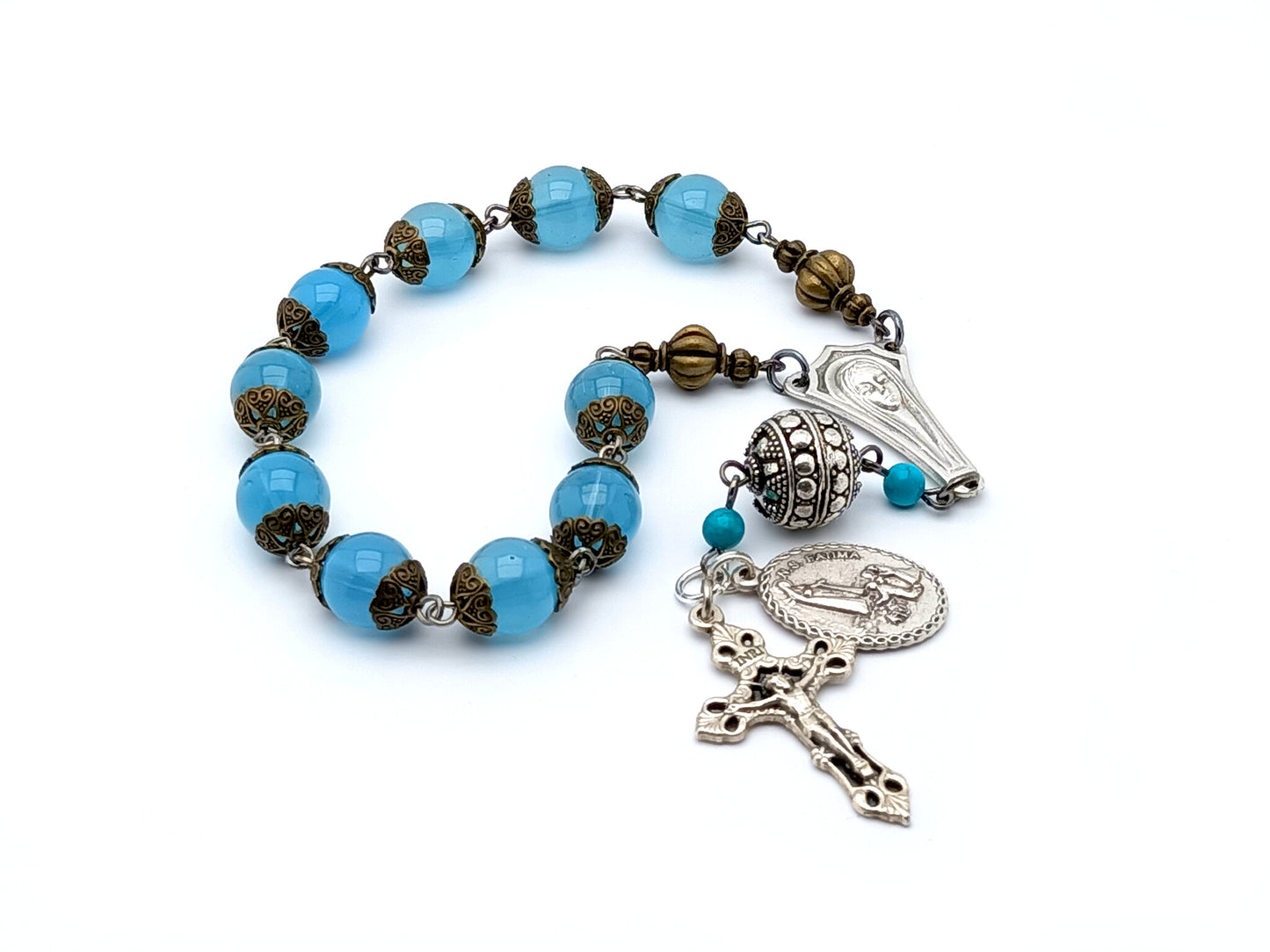 Vintage style Our Lady of Fatima blue single decade rosary beads with Fatima medal.