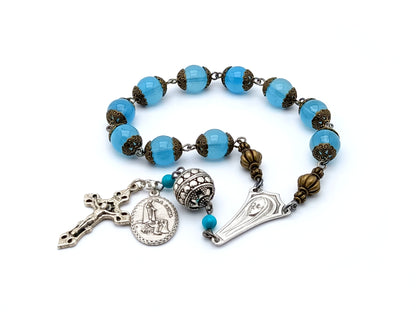 Vintage style Our Lady of Fatima blue single decade rosary beads with Fatima medal.