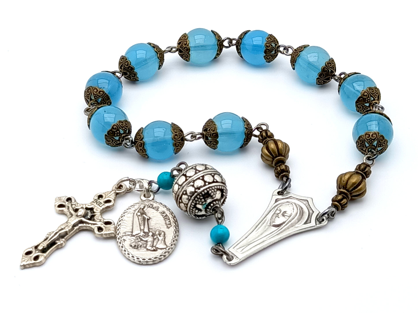 Vintage style Our Lady of Fatima blue single decade rosary beads with Fatima medal.