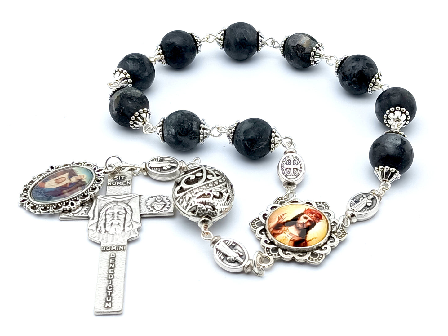 Christ the King single decade gemstone rosary Veronicas veil crucifix and medal.