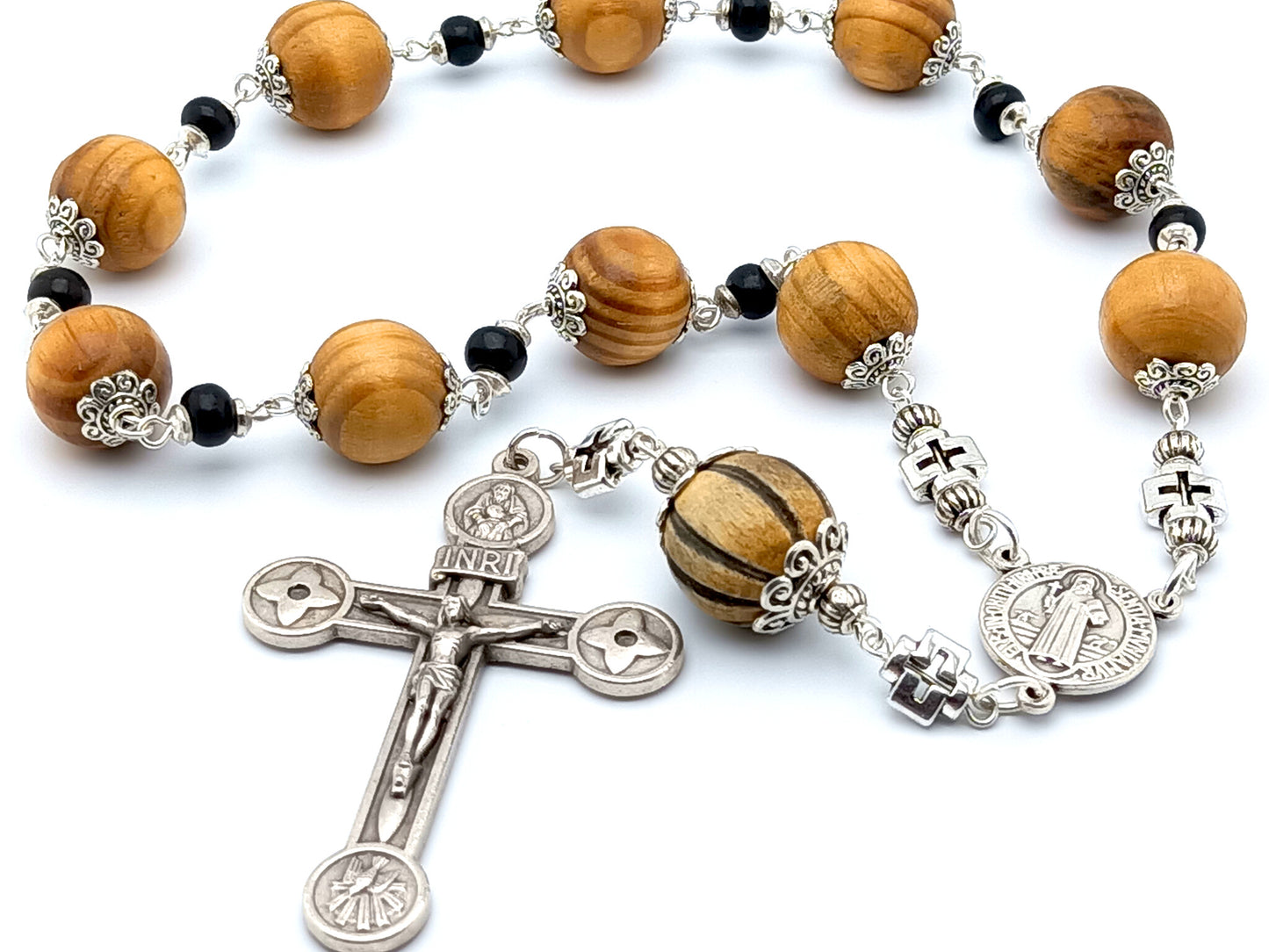 St. Benedict large wooden single decade rosary decade, tenner rosaries with Holy trinity crucifix.