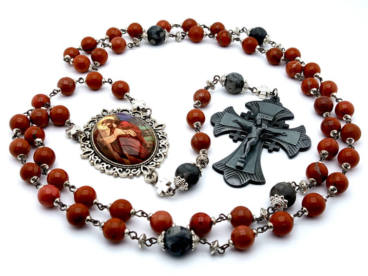 The Good Shepherd unique rosary beads with red jasper and larvikite gemstone beads, pewter crucifix and silver picture centre medal.