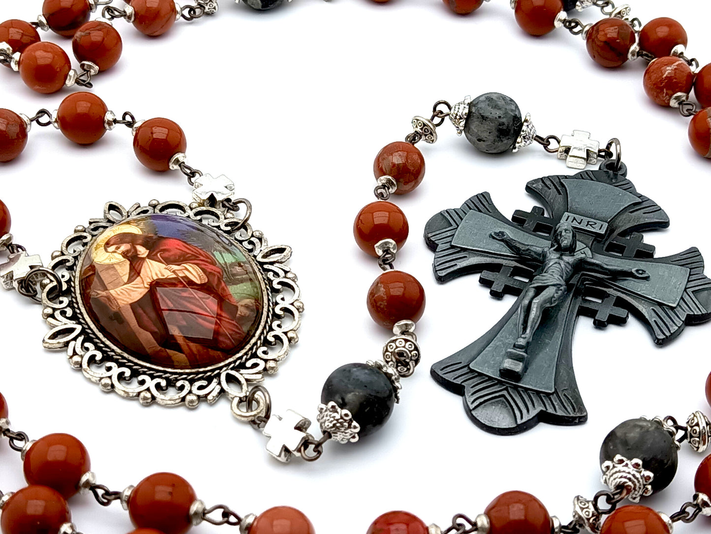 The Good Shepherd unique rosary beads with red jasper and larvikite gemstone beads, pewter crucifix and silver picture centre medal.